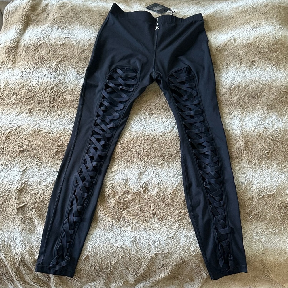 NEW Savage X Fenty Sport Lace Up Satin Trim High Waist black Large SOLD OUT NWT
